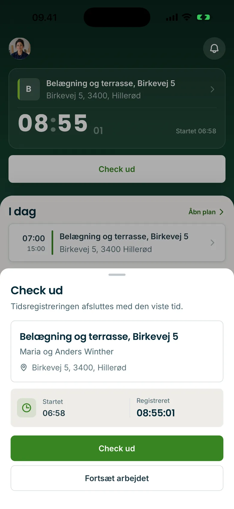 Tidlig-appen: stemple ud fra en sag med starttid og registreret tid