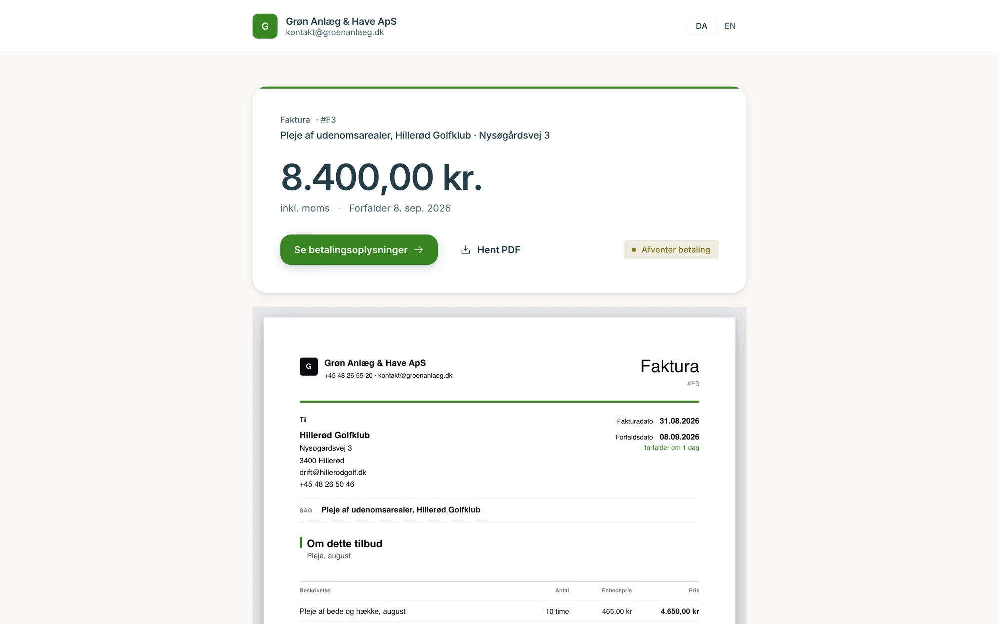 Kundeportalen: en faktura med betalingsoplysninger og PDF, som kunden åbner via et link