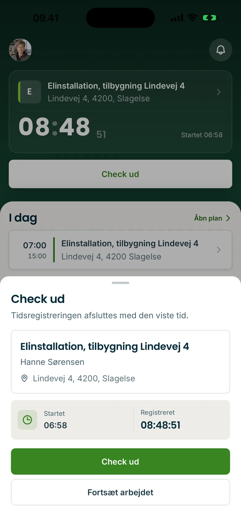Tidlig-appen: stemple ud fra en sag med starttid og registreret tid