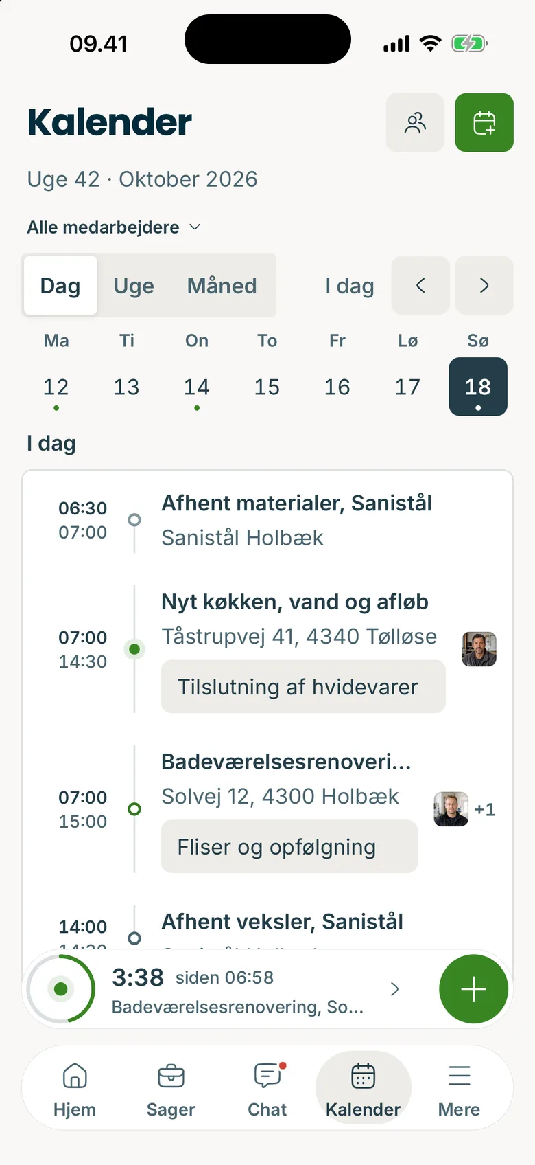 Tidlig-appen: dagens kalender med aftaler på sager og adresser