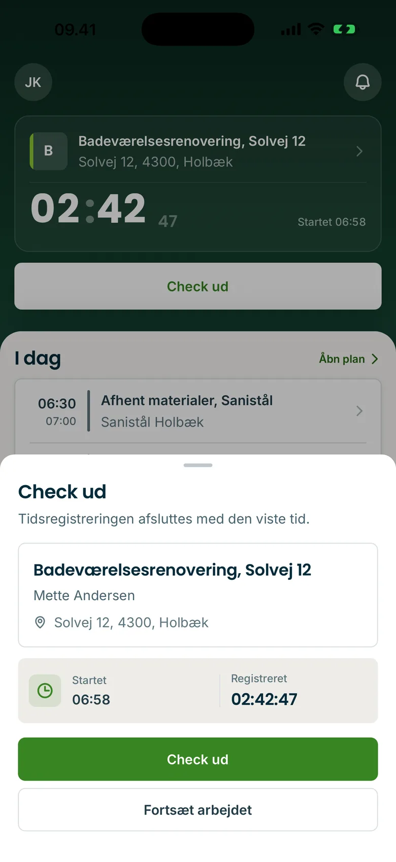 Tidlig-appen: check ud fra en sag med starttid og registreret tid