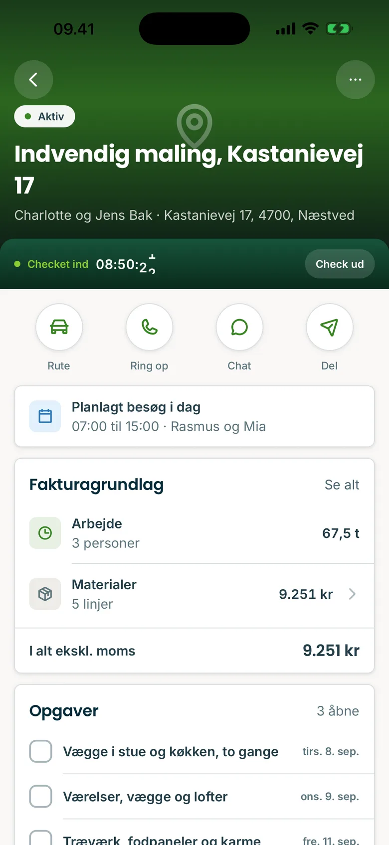 Tidlig-appen: den samme sag med tidsregistrering i gang, fakturagrundlag og opgaver
