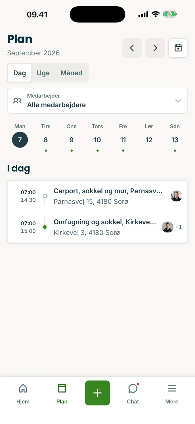 Tidlig-appen: ugens plan med medarbejdere på sager, adresser og frister