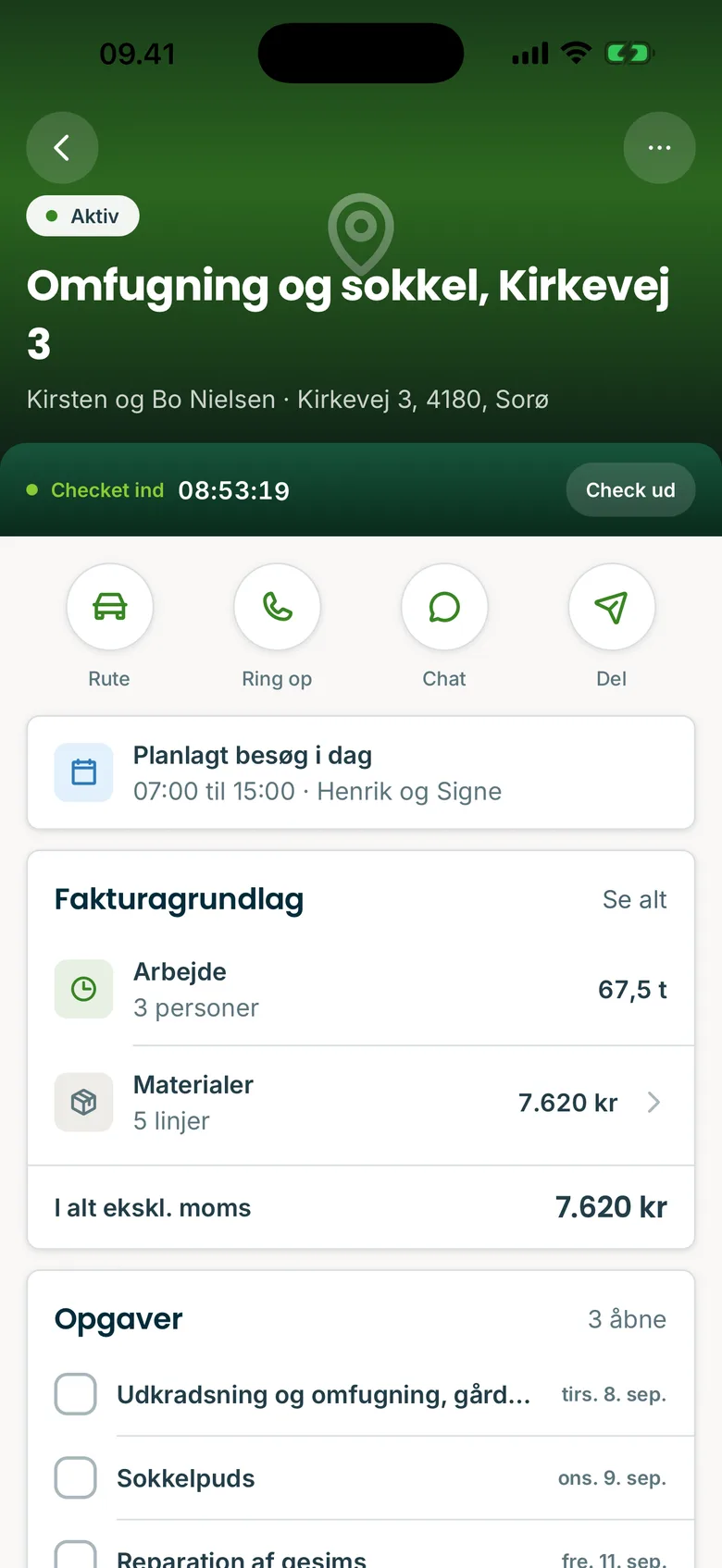 Tidlig-appen: den samme sag med tidsregistrering i gang, fakturagrundlag og opgaver