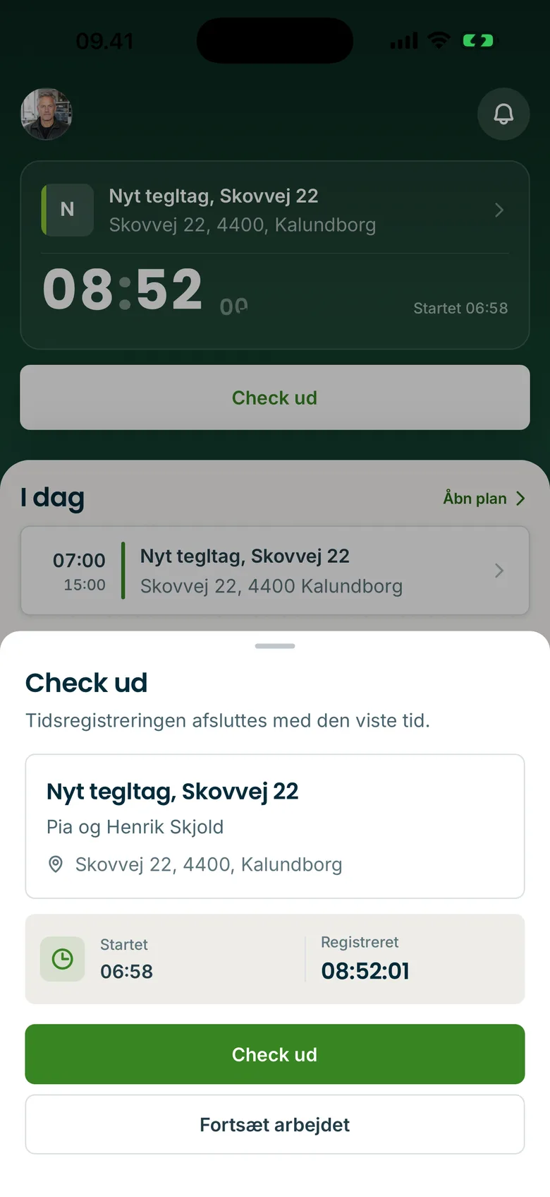Tidlig-appen: stemple ud fra en sag med starttid og registreret tid