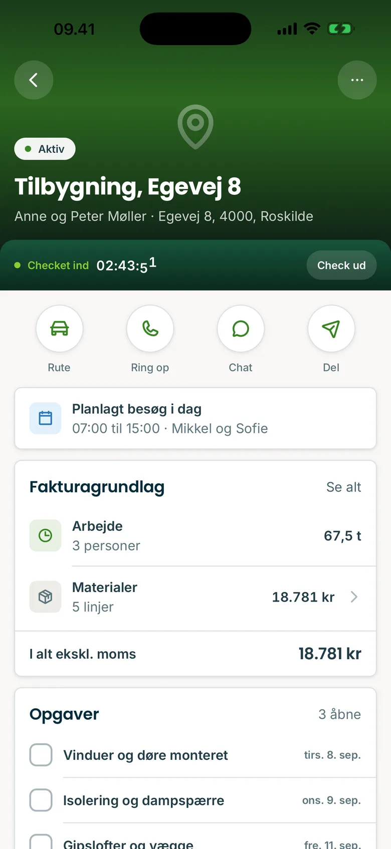 Tidlig-appen: den samme sag med tidsregistrering i gang, fakturagrundlag og opgaver