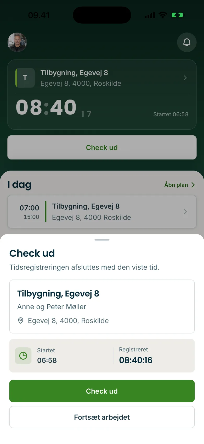 Tidlig-appen: stemple ud fra en sag med starttid og registreret tid