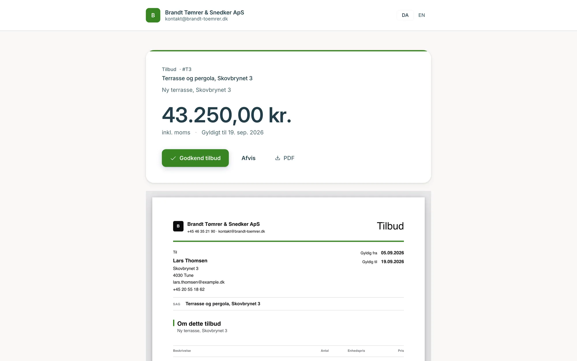 Kundeportalen: et tilbud kunden kan godkende, afvise eller hente som PDF, uden login