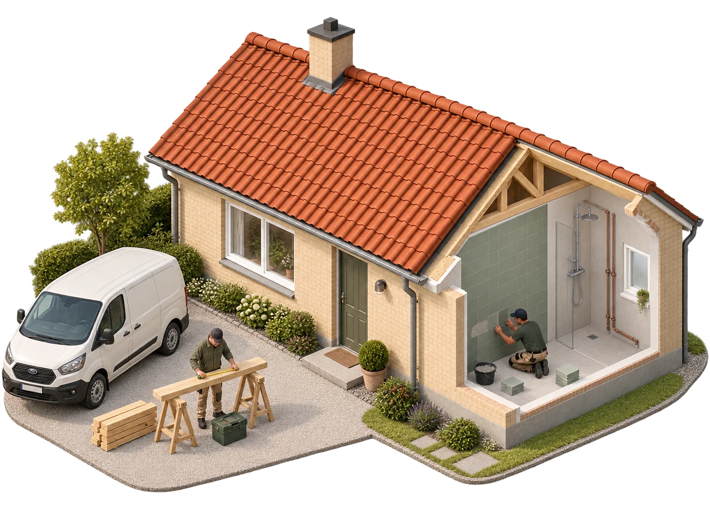 Illustration af en husrenovering med en håndværker, der sætter fliser i badeværelset, og en der måler træ op ved siden af varevognen.